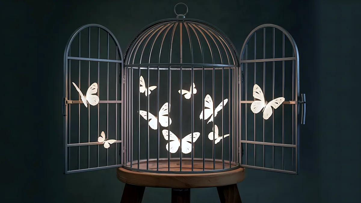 Une cage à oiseaux en bois clair, la porte ouverte, baignée d'une lumière douce et naturelle.